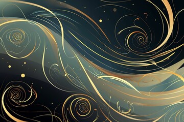 Abstract artwork featuring swirling golden spirals against a dark background. Subtle color gradients and cosmic dustlike elements create a celestial feel. The overall style is elegant and mystical.