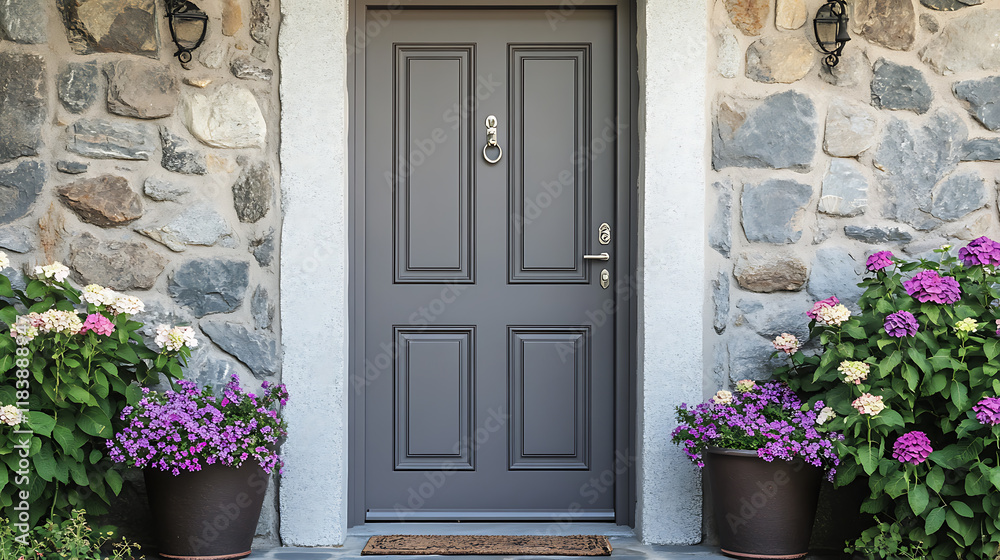 Poster gray front door with small square decorative windows and flower pots in front of it