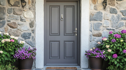 Gray front door with small square decorative windows and flower pots in front of it