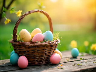 Naklejka premium Easter Eggs In Basket On Aged Wooden Table In Spring Garden With Sunlight