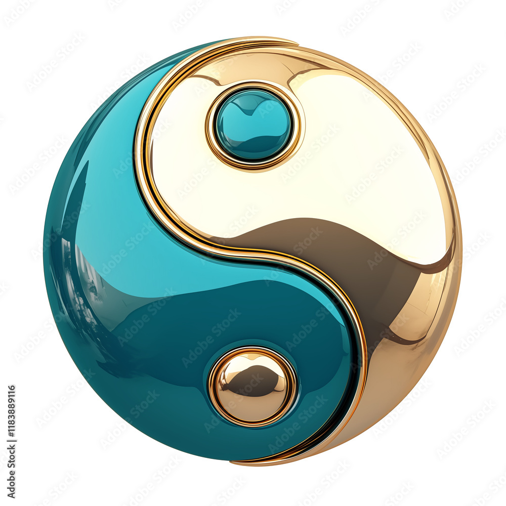 Poster teal and gold yin yang symbol with shiny metallic finish, isolated on transparency background, repre