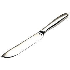 Fototapeta premium Polished stainless steel butter knife with curved edge on white background, ideal for culinary displays and kitchenware listings
