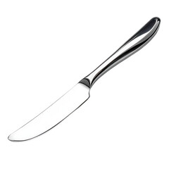 Fototapeta premium Polished stainless steel butter knife with a curved edge on a clean white background, ideal for elegant table settings and culinary presentations