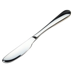 Fototapeta premium Polished stainless steel butter knife with a curved edge on a clean white background, ideal for culinary and dining applications.