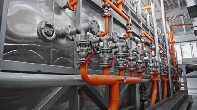 Industrial cleaning system in a food industry. Stainless steel tanks with filters and piping.