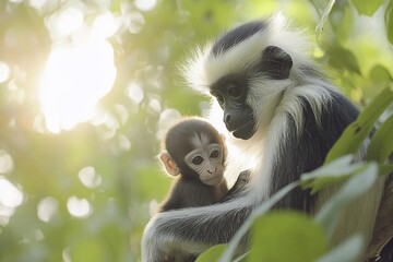 Obraz premium A mother black-and-white colobus monkey tenderly cradles her infant in a sun-dappled tree.