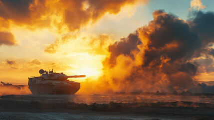 A tank silhouette against a dramatic sunset, highlighting military presence in nature.