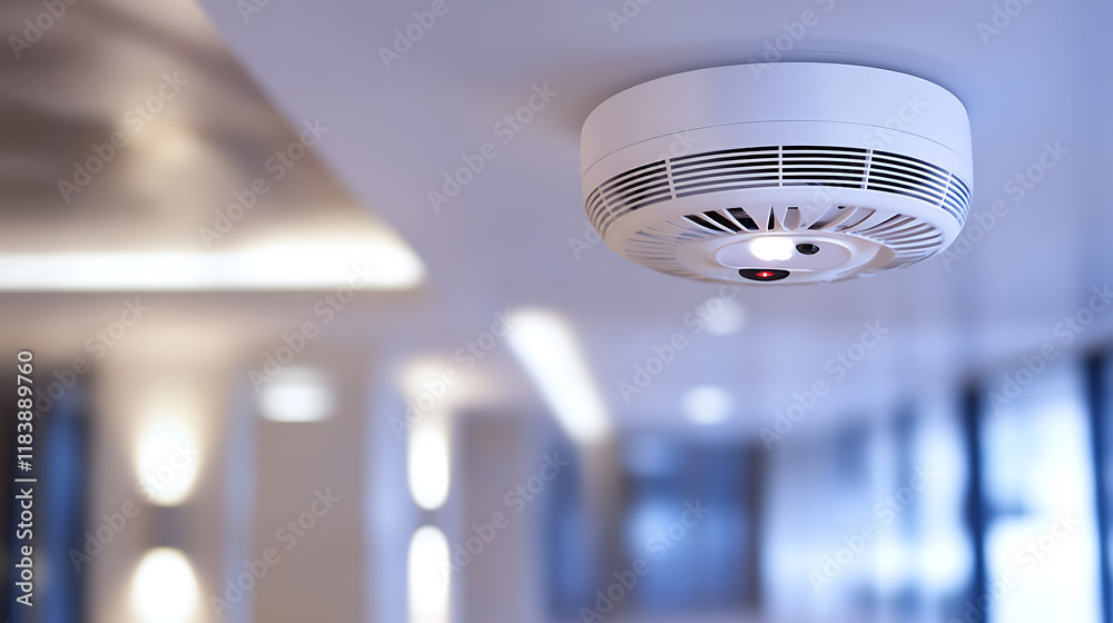 Poster in the background, there is a copy space and an active smoke detector and linked fire alarm