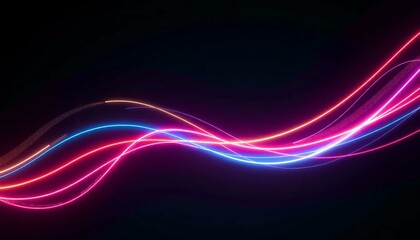 Naklejka premium Abstract Neon Lines, Wavy Light Trails, Glowing Curves, Dark Background
