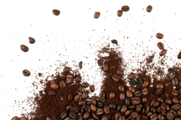 coffee beans with cafe powder border corner isolated on white or transparent png