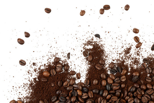 coffee beans with cafe powder border corner isolated on white or transparent png