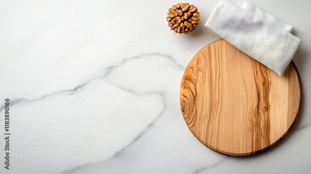 Poster overhead view of a marble tabletop with a natural wood board and a soft fabric napkin captured in a 