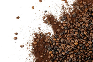 coffee beans with cafe powder border corner isolated on white or transparent png