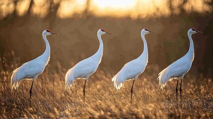 Fototapeta premium Four whooping cranes standing in a field at sunset.