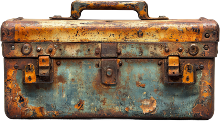 Vintage Rusty Toolbox with Patina and Worn Finish Isolated on transparent background