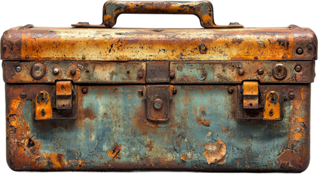 Vintage Rusty Toolbox with Patina and Worn Finish Isolated on transparent background
