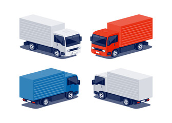 Modern city compact box truck with separate cab and cargo area. Small medium size cube vehicle for urban delivery. Light duty fleet transport. Car isolated vector on white in isometric dimetric style.