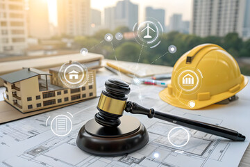 Law and Construction Concept with Gavel, Model, and Urban Background