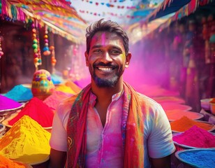 Obraz premium Joyful celebration of Holi brings people together amid vibrant colors and festivities, man smiling at camera
