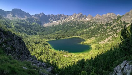 A serene lake reflects the bright blue sky, embraced by rolling green hills and majestic mountains. The peaceful atmosphere invites exploration and appreciation of nature's beauty