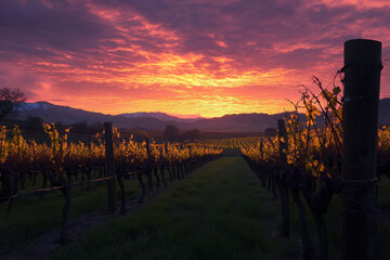 Obraz premium A vibrant sunset over a vineyard, showcasing rows of grapevines and mountains in the background.