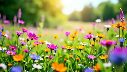 Colorful Flower Field, Sunny Meadow, Wildflowers, Spring Bloom, Summer Day