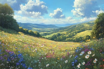 Obraz premium Flowering Meadow Landscape: A Serene Summer's Day Painting