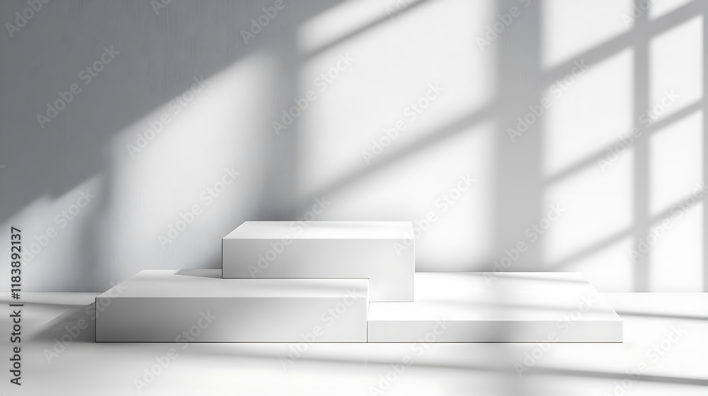 Poster minimalist design for presentation and product display, white square podiums with sunlight and shado