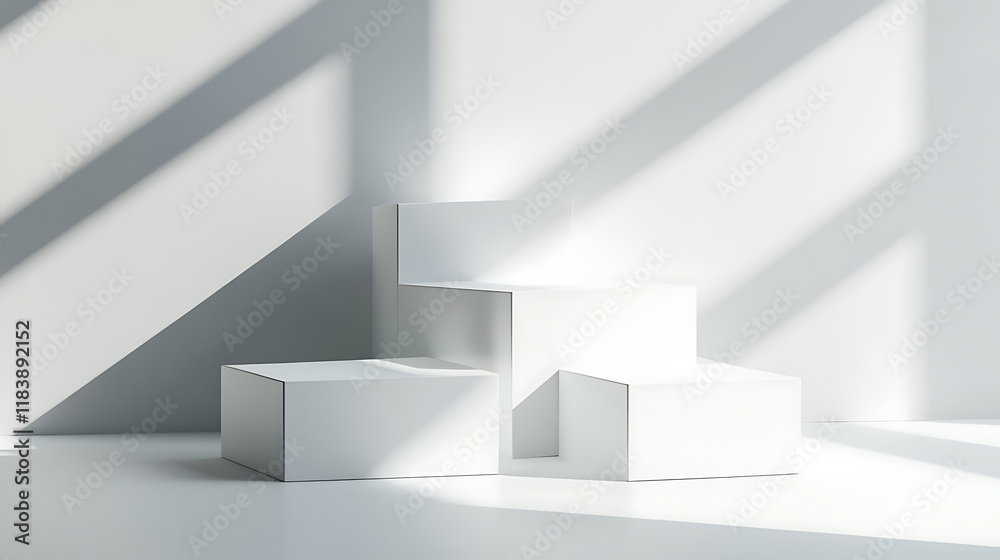 Poster Minimalist design for presentation and product display, white square podiums with sunlight and shadow background