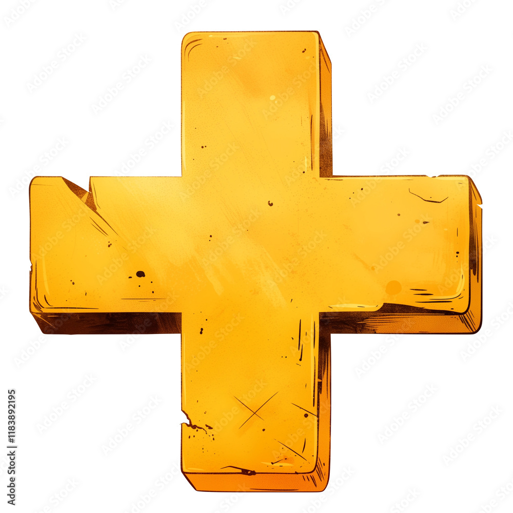 Aufkleber bold yellow cross mark with satin texture and subtle scratches, isolated on transparency background, creating striking and vibrant visual element