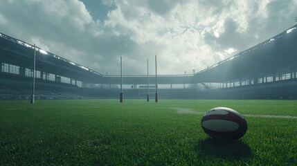 Rugby Stadiums under Cloudy Skies A solitary rugby ball rests on the impeccably manicured green field of an empty stadium, awaiting the roar of the crowd and the thrill of the game. A dramatic