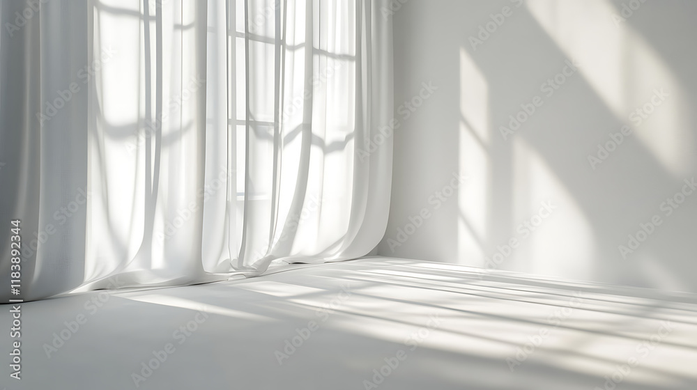 Poster Minimalistic abstract gentle white background with light and shadow of window curtains on wall