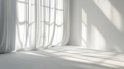 Fototapeta premium Minimalistic abstract gentle white background with light and shadow of window curtains on wall