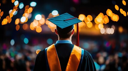 Graduate standing proudly before crowd at graduation ceremony under festive lights in celebratory atmosphere