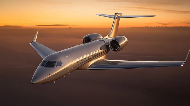 Luxury business jet soaring above a stunning sunset landscape during evening flight