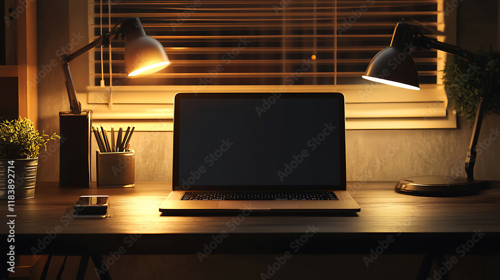 Poster modern dark wooden office desk at night under the warm light from table lamp with laptop computer, a