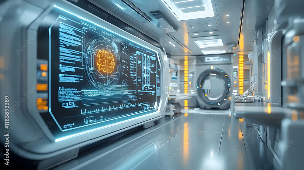 Poster spaceship lab brain scan monitoring futuristic tech