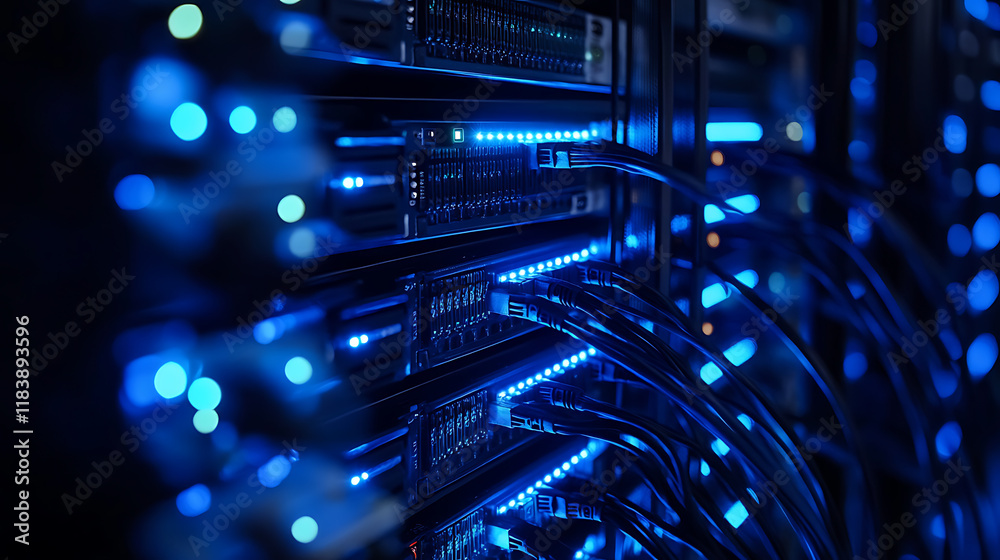 Aufkleber network server panel, switch and patch cord cable in data center glowing in the dark, blue led