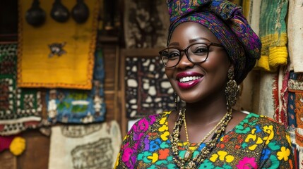 Obraz premium Portrait of a smiling African woman in vibrant clothing and traditional headwrap