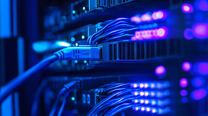 Naklejka premium Network server panel, switch and patch cord cable in data center glowing in the dark, blue led