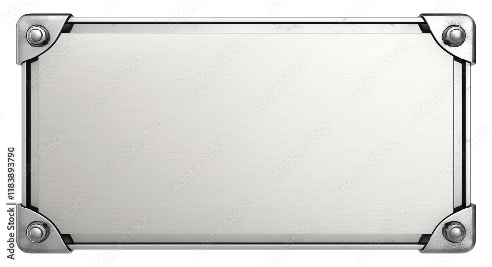 Poster rectangular brushed silver metal sign with engraved text area and decorative corner screws, isolated