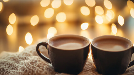 Fototapeta premium Two coffee cups on cozy knitted blanket with warm bokeh lights in background, creating serene and intimate atmosphere