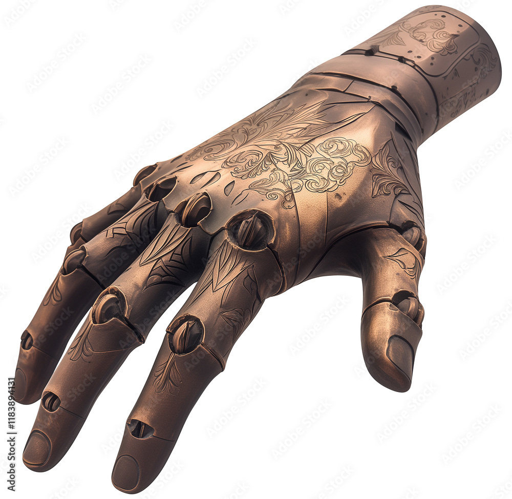 Aufkleber intricately designed copper mechanical hand with embossed floral patterns, isolated on transparency 