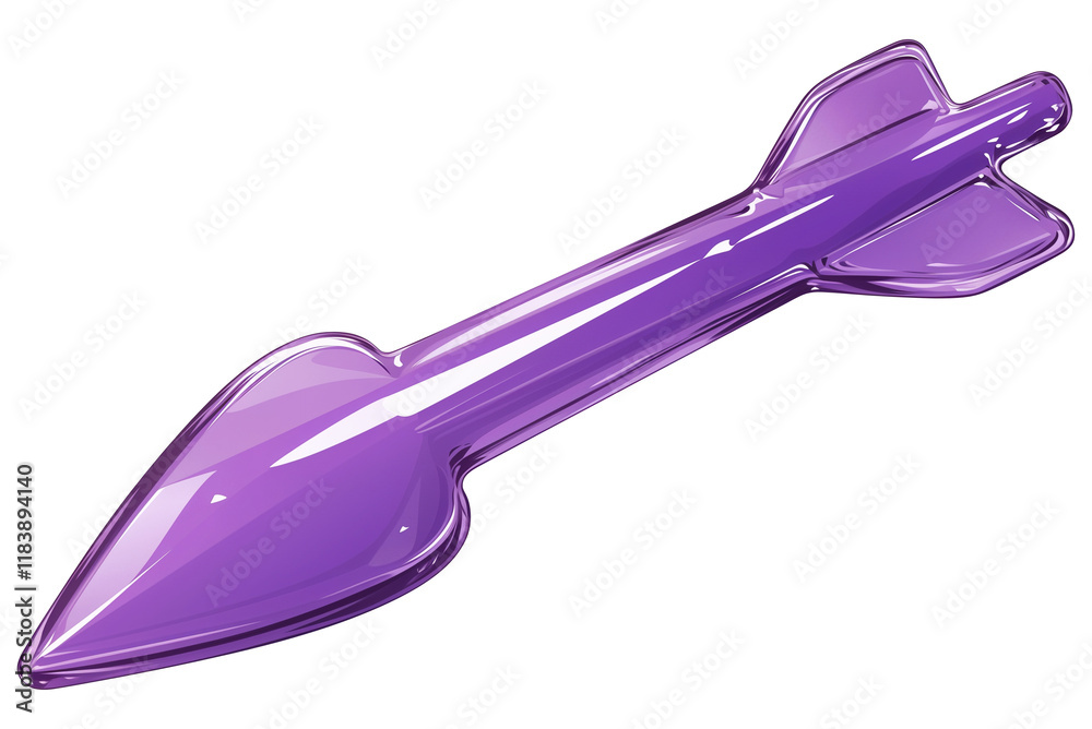 Poster glossy purple curved arrow with sleek, reflective surface isolated on transparency background, showc