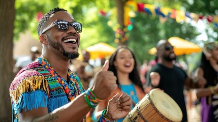 A diverse group of people celebrating Juneteenth outdoors, with cultural decorations and music