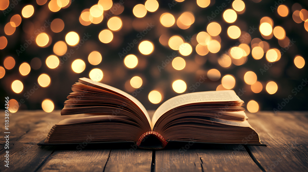 Fototapete open book on wooden table in front of bokeh lights background
