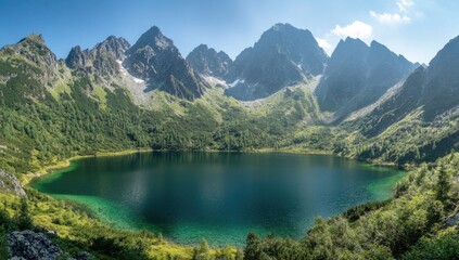 Fototapeta premium Majestic mountains rise sharply above a crystal-clear lake, surrounded by vibrant greenery and bright blue sky. Sunlight dances on the water's surface, inviting peaceful reflection
