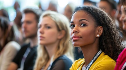 Obraz premium A diverse group of people in an audience, listening attentively to a speaker at a conference.