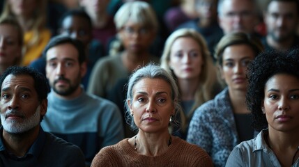A diverse group of people in an audience, listening attentively to a speaker at a conference.