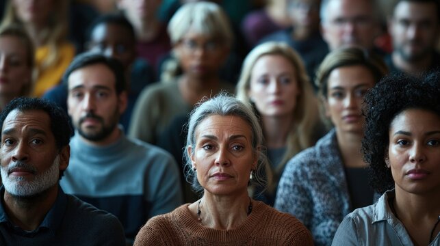A diverse group of people in an audience, listening attentively to a speaker at a conference.